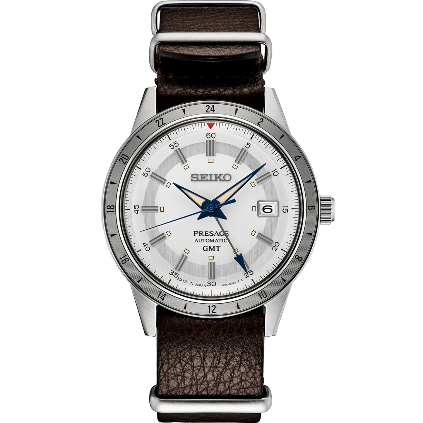 SEIKO Presage 110th Anniversary Limited Edition – white dial with silver GMT bezel, retro 1960s car-inspired design, automatic GMT movement, sustainable brown leather strap, and 100m water resistance.