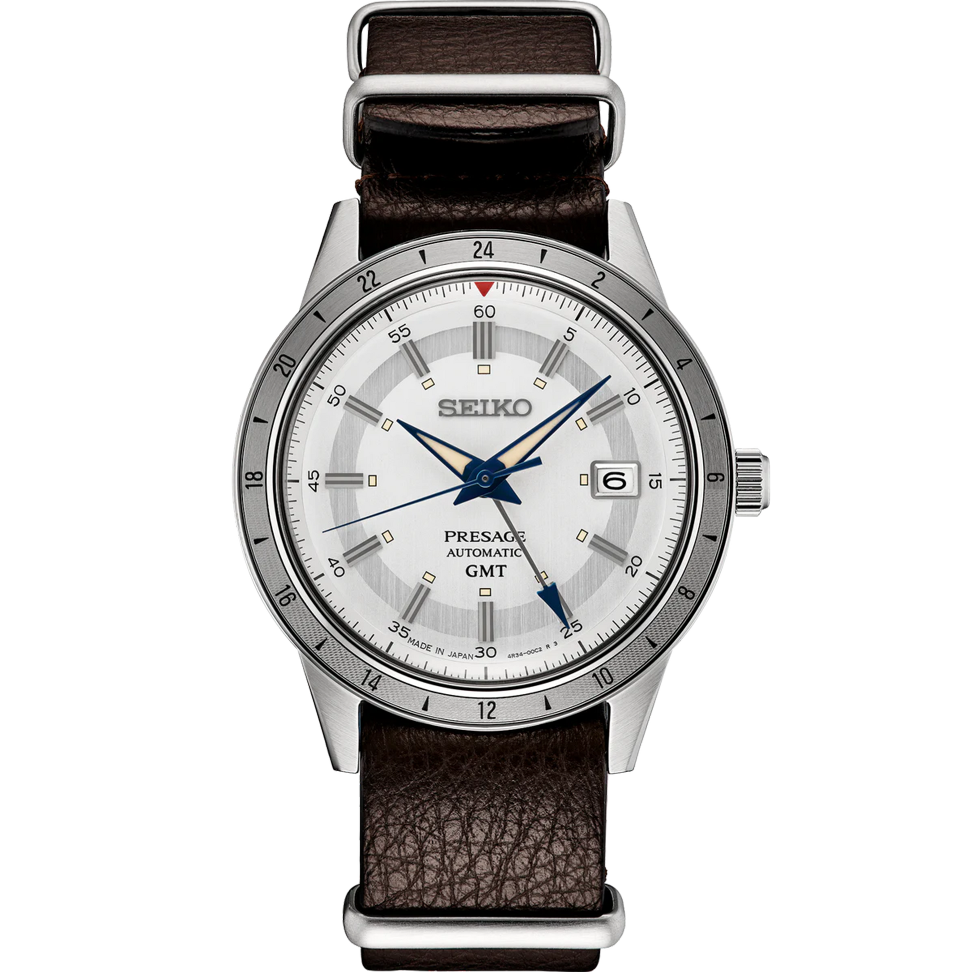 SEIKO Presage 110th Anniversary Limited Edition – white dial with silver GMT bezel, retro 1960s car-inspired design, automatic GMT movement, sustainable brown leather strap, and 100m water resistance.