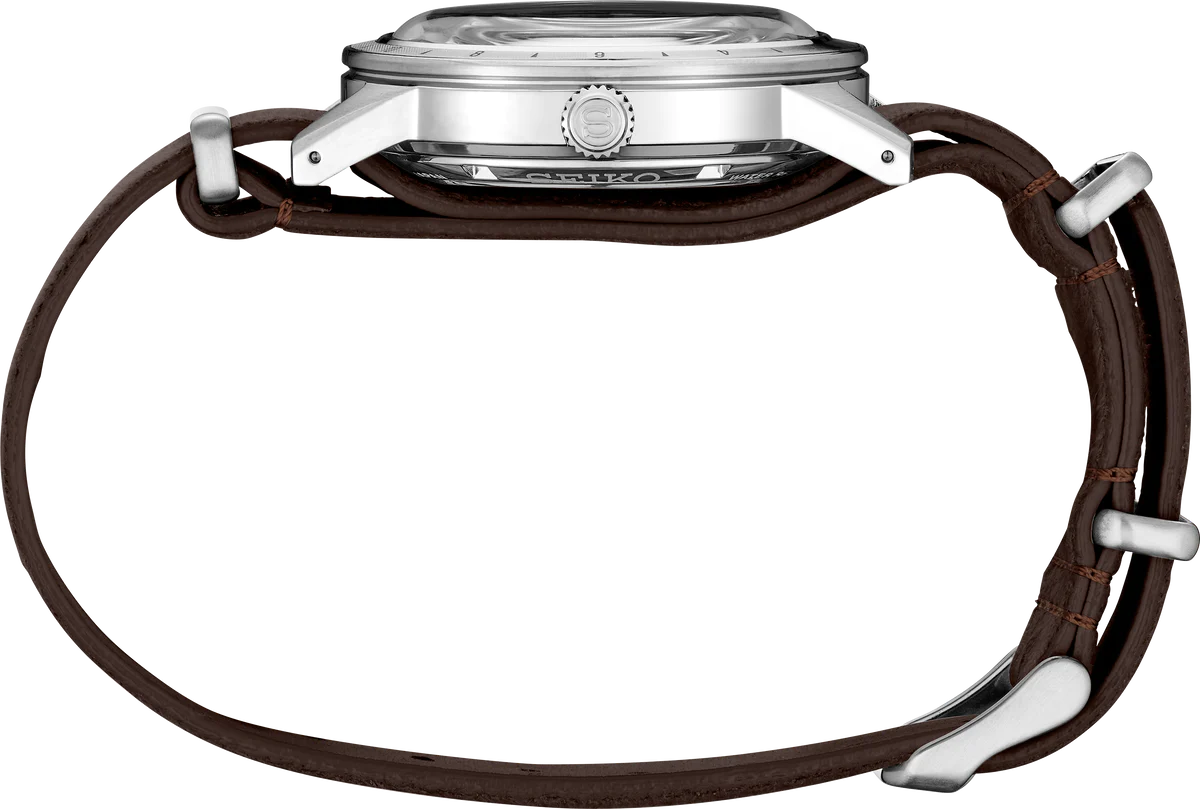 SEIKO Presage 110th Anniversary Limited Edition – white dial with silver GMT bezel, retro 1960s car-inspired design, automatic GMT movement, sustainable brown leather strap, and 100m water resistance.