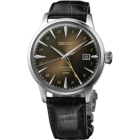SEIKO SSK039 Presage Cocktail Time GMT – brown sunburst dial inspired by the Rusty Nail cocktail, gold-tone GMT hand, black leather strap, automatic movement, and 50m water resistance.