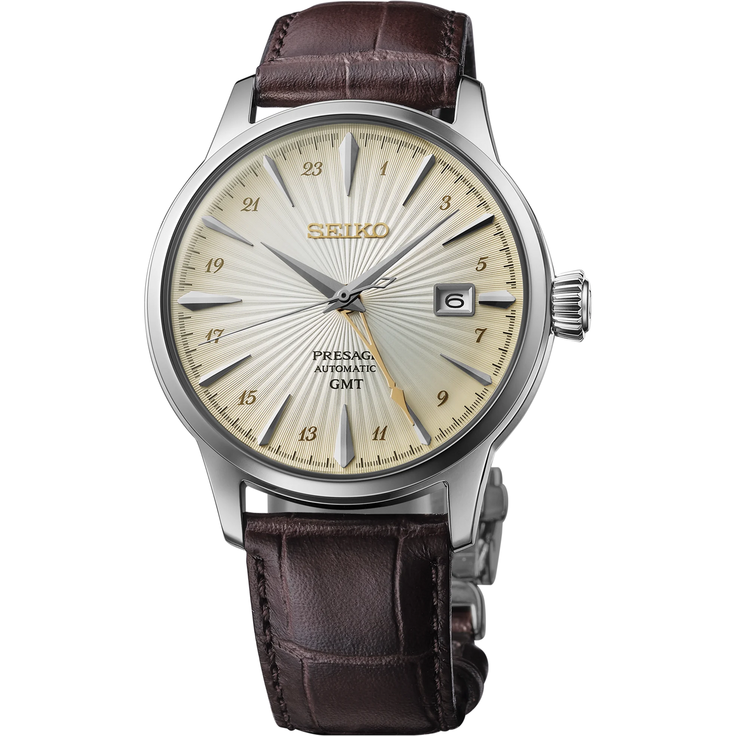 Seiko SSK041 – Presage Cocktail Time GMT watch with ivory patterned dial, gold-tone cocktail-glass-shaped GMT hand, see-through caseback, and brown leather strap; inspired by the Acacia cocktail.