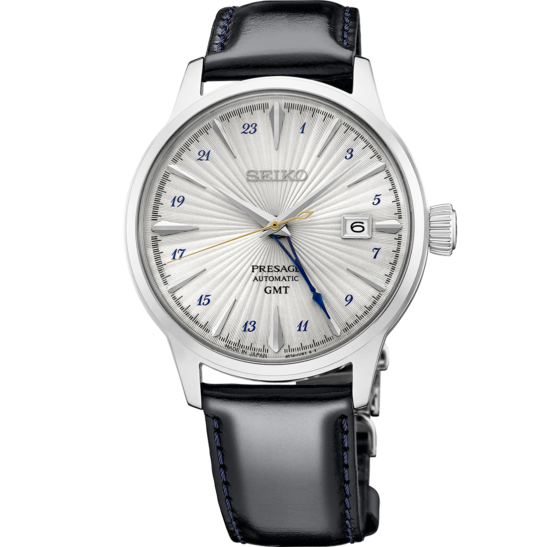 Seiko Presage Cocktail Time GMT SSK049 automatic watch with vintage-tone silver dial, blue cocktail-glass–shaped GMT hand, blue 24-hour scale, and dark blue leather strap, U.S. Special Creation.