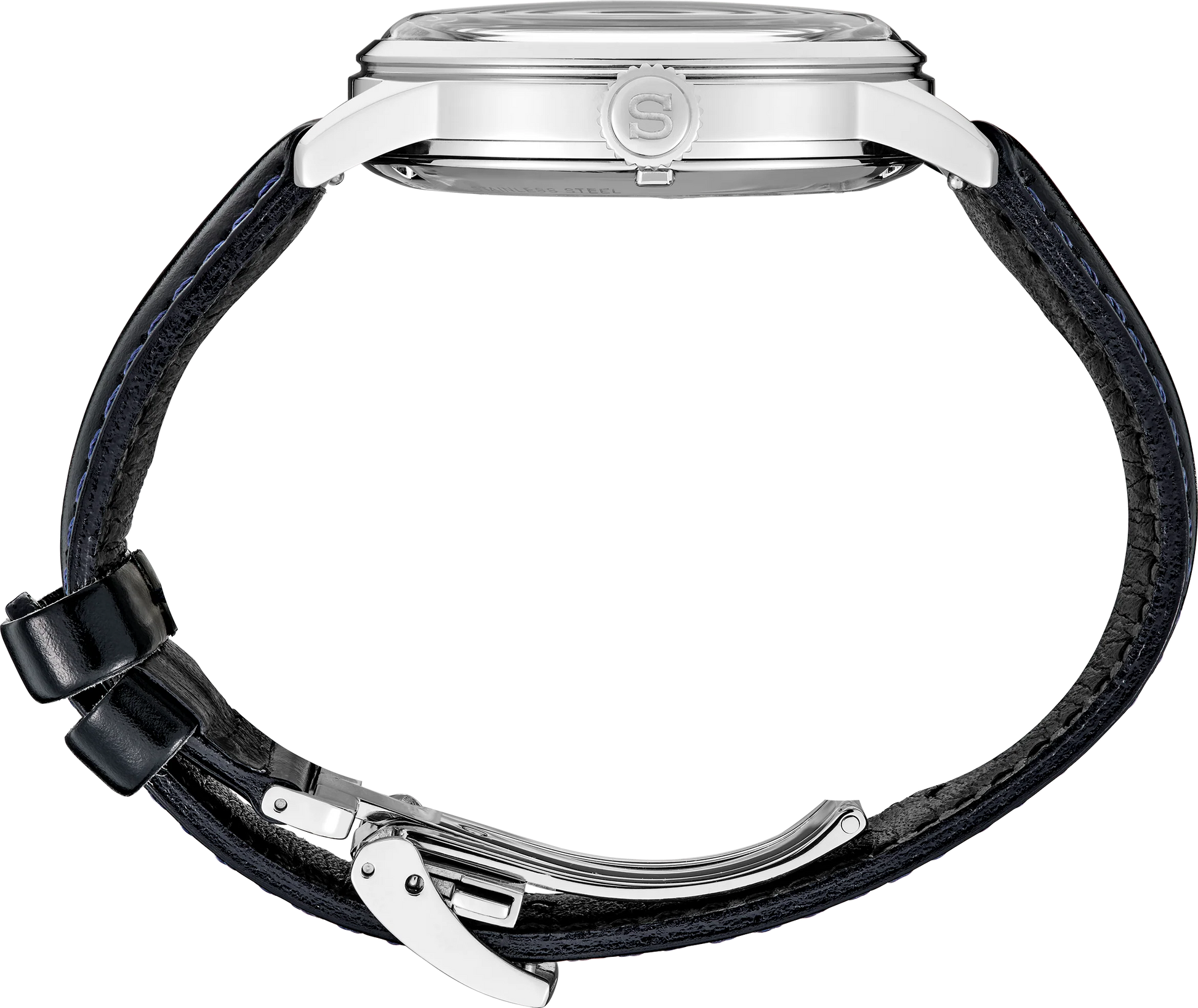 Watch with black leather strap and silver case on a white background