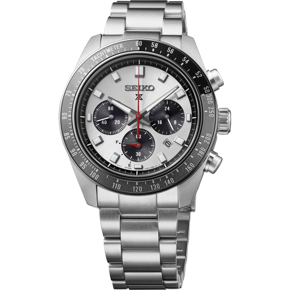 A Seiko stainless steel chronograph watch with a silver-tone metal bracelet, black tachymeter bezel, white dial, and black subdials with red accents.