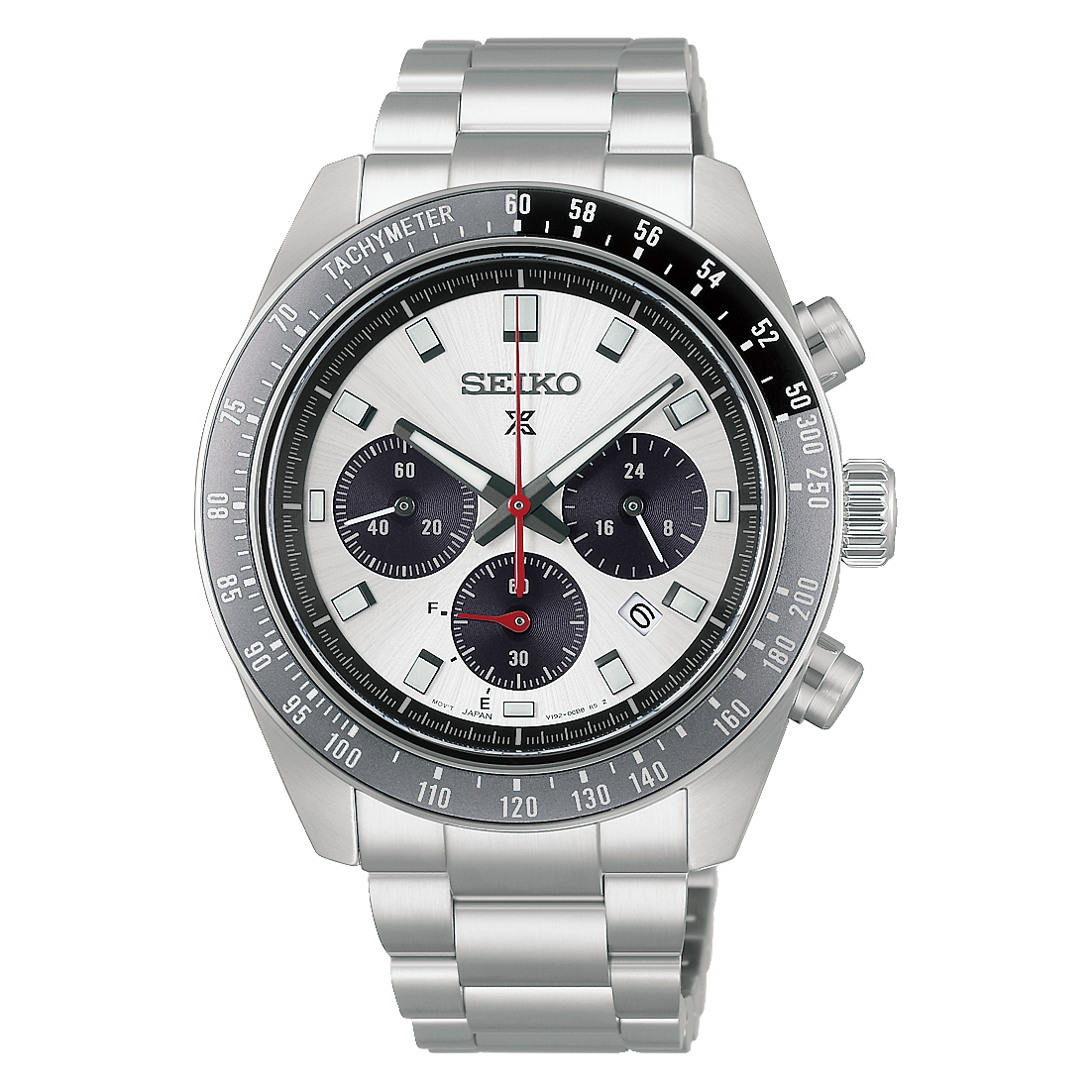 A Seiko stainless steel chronograph watch with a silver-tone metal bracelet, black tachymeter bezel, white dial, and black subdials with red accents.