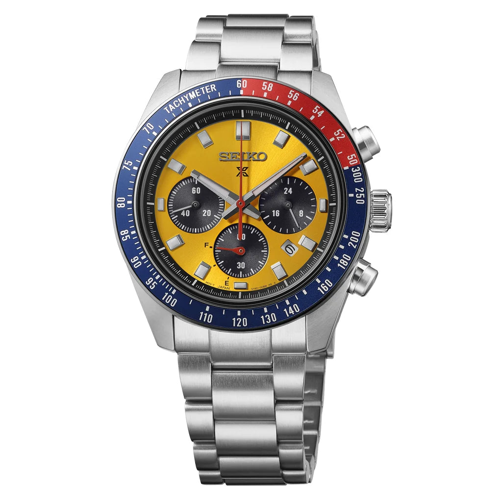 Seiko Prospex SPEEDTIMER HBJ004 solar chronograph watch with 41.4mm stainless steel case, curved sapphire crystal, tachymeter function, LumiBrite hands and indexes, Caliber V192 movement, date display, and 10 bar water resistance.
