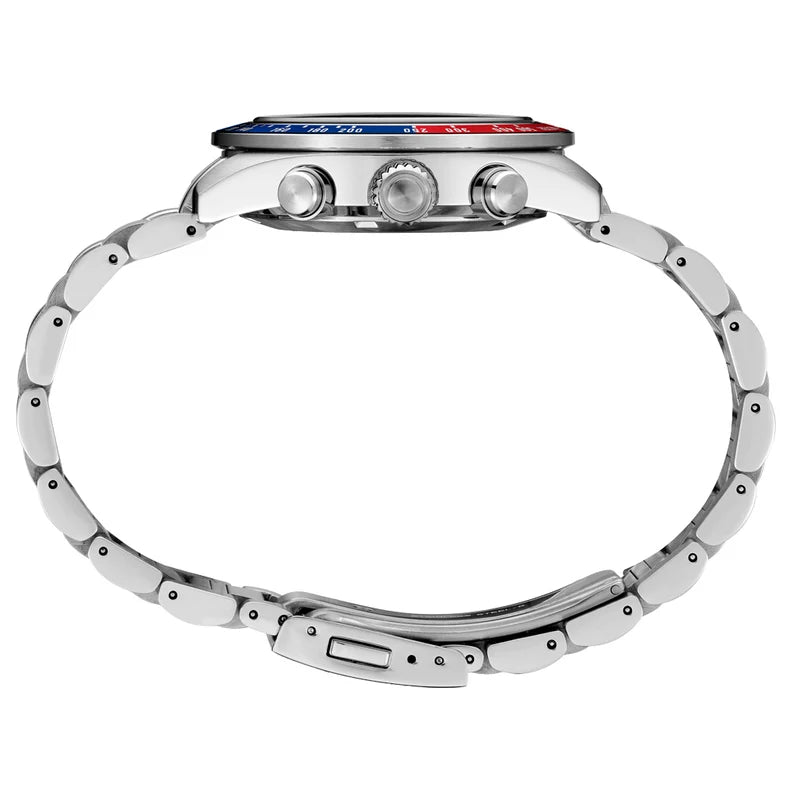 Silver stainless steel watch with a three-button chronograph case and a matching link bracelet, shown from the back against a white background.