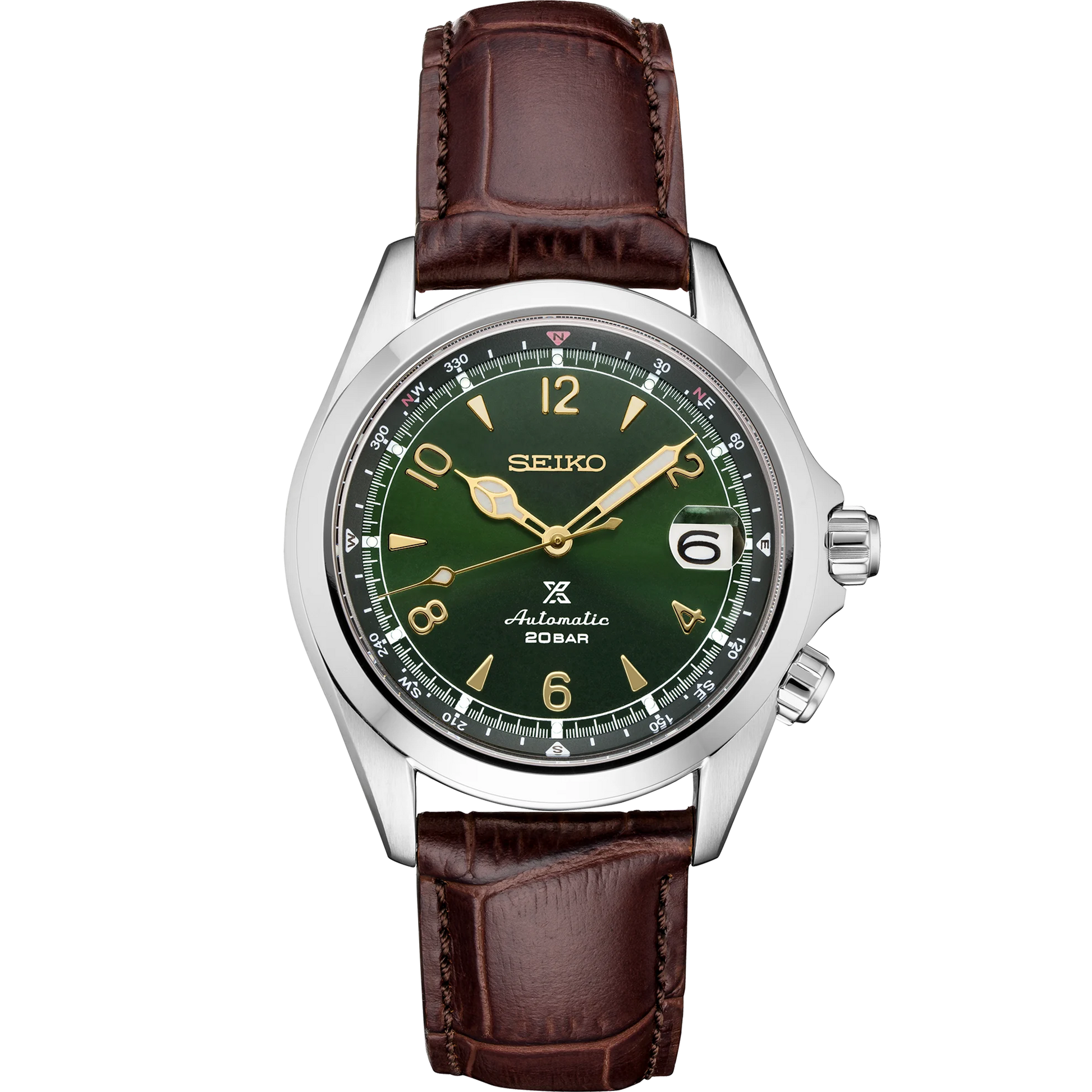 SEIKO PROSPEX SPB121 Alpinist Watch – Green Sunray Dial with Compass Bezel and Brown Leather Strap, 200m Water Resistant Adventure Timepiece