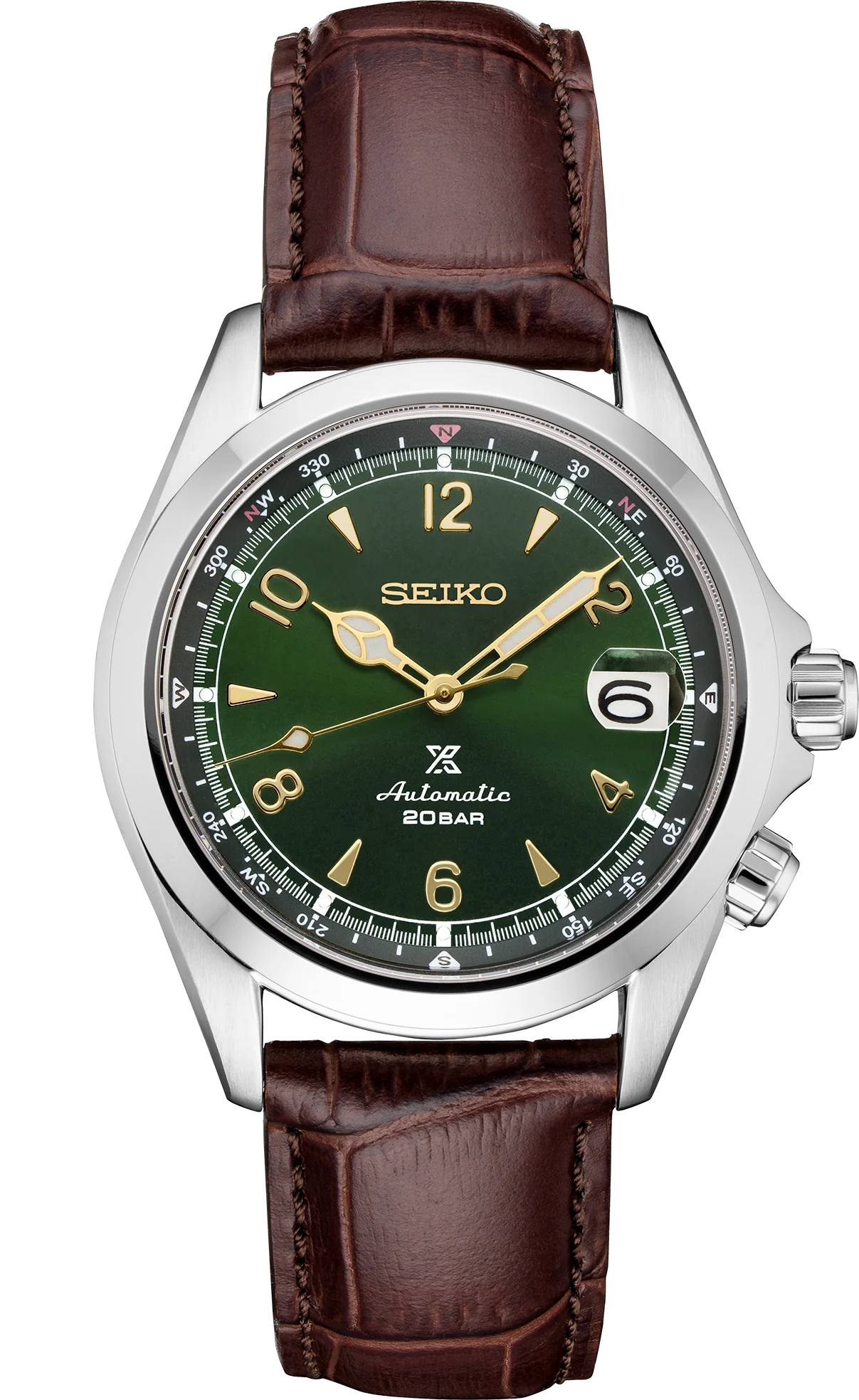 SEIKO PROSPEX SPB121 Alpinist Watch – Green Sunray Dial with Compass Bezel and Brown Leather Strap, 200m Water Resistant Adventure Timepiece