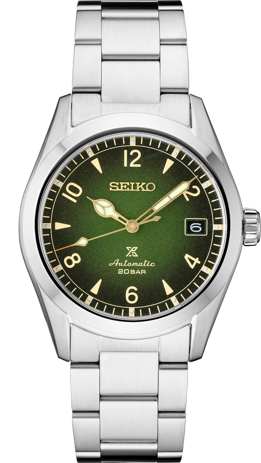 Seiko Prospex SPB155 automatic Alpinist watch with 38mm stainless steel case, green gradated dial, LumiBrite hands, sapphire crystal, 200m water resistance, and stainless steel bracelet — inspired by 1959 Seiko sport watch, available at Miseki Jewelry