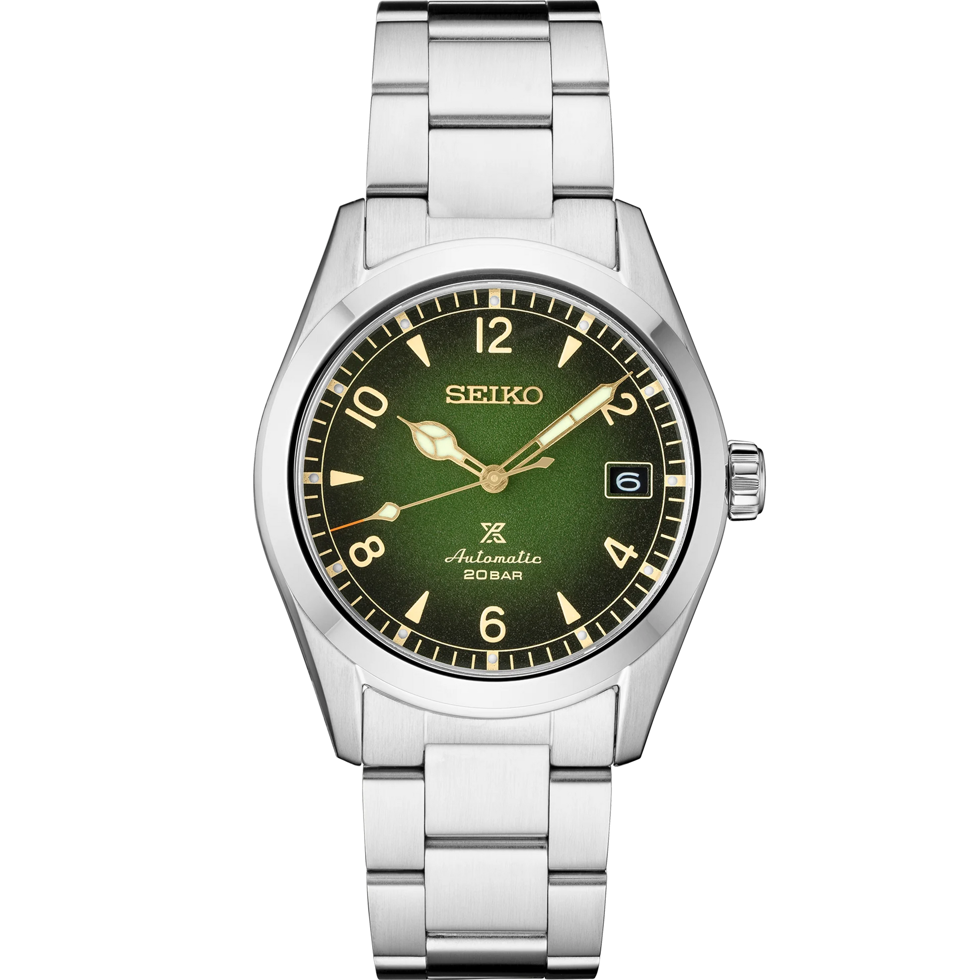 Seiko Prospex SPB155 automatic Alpinist watch with 38mm stainless steel case, green gradated dial, LumiBrite hands, sapphire crystal, 200m water resistance, and stainless steel bracelet — inspired by 1959 Seiko sport watch, available at Miseki Jewelry