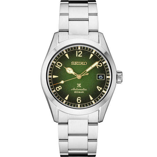 Seiko Prospex SPB155 automatic Alpinist watch with 38mm stainless steel case, green gradated dial, LumiBrite hands, sapphire crystal, 200m water resistance, and stainless steel bracelet — inspired by 1959 Seiko sport watch, available at Miseki Jewelry