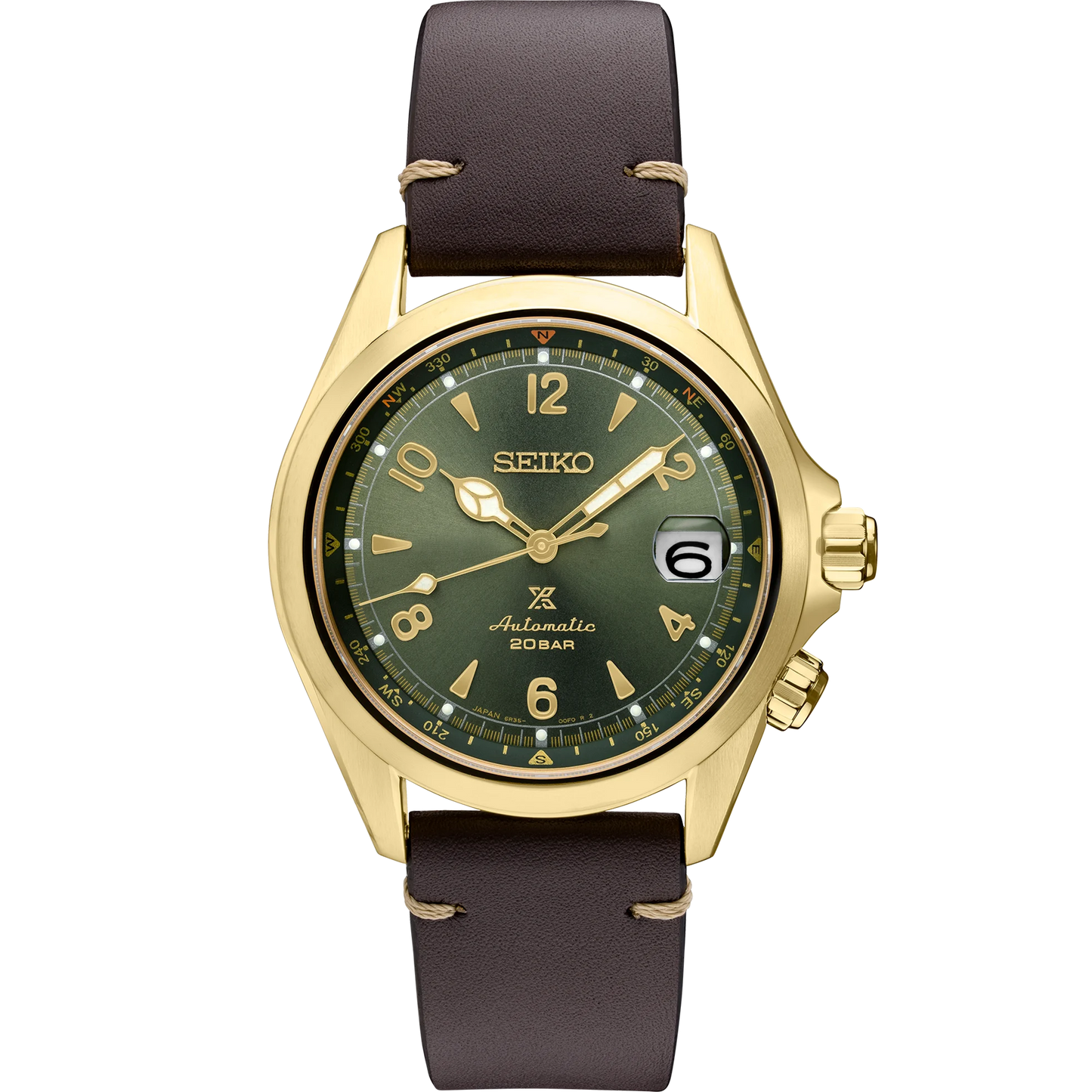 SEIKO PROSPEX SPB210 Alpinist – vintage-inspired green dial with gold accents, inner compass bezel, gold-tone stainless steel case, brown leather strap, automatic movement, and 200m water resistance