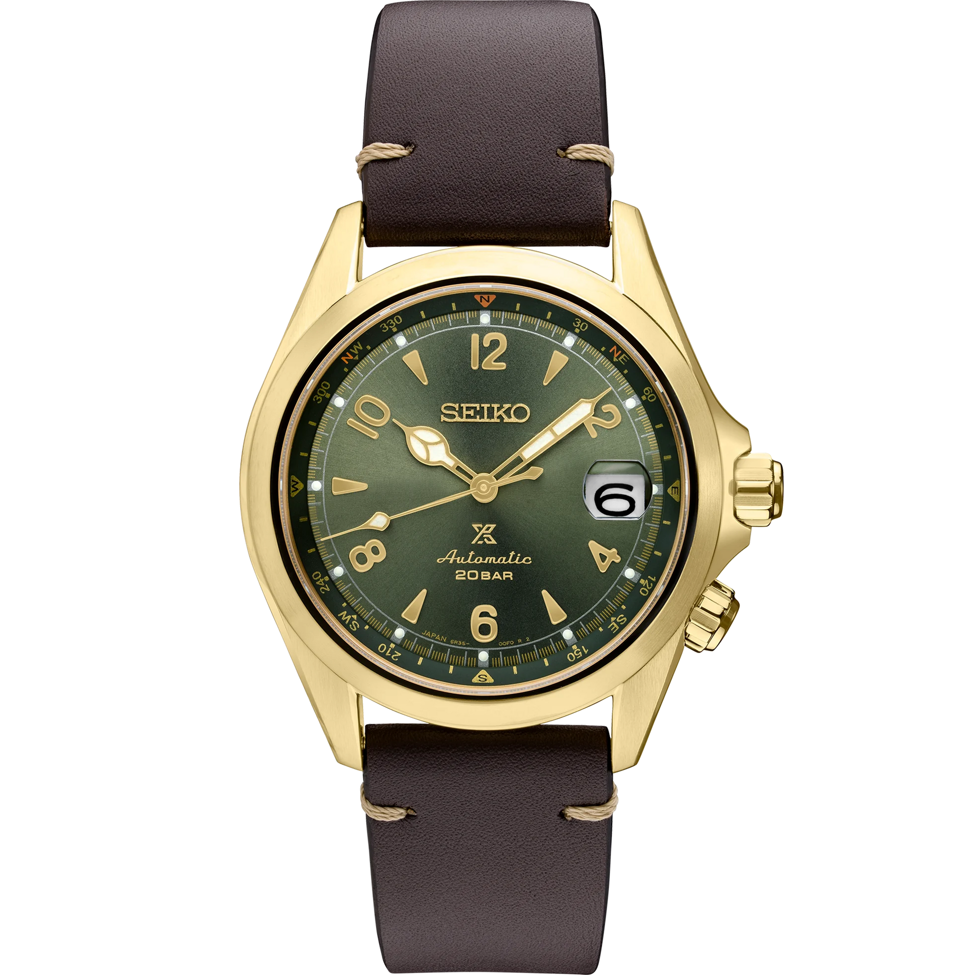 SEIKO PROSPEX SPB210 Alpinist – vintage-inspired green dial with gold accents, inner compass bezel, gold-tone stainless steel case, brown leather strap, automatic movement, and 200m water resistance