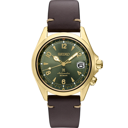SEIKO PROSPEX SPB210 Alpinist – vintage-inspired green dial with gold accents, inner compass bezel, gold-tone stainless steel case, brown leather strap, automatic movement, and 200m water resistance