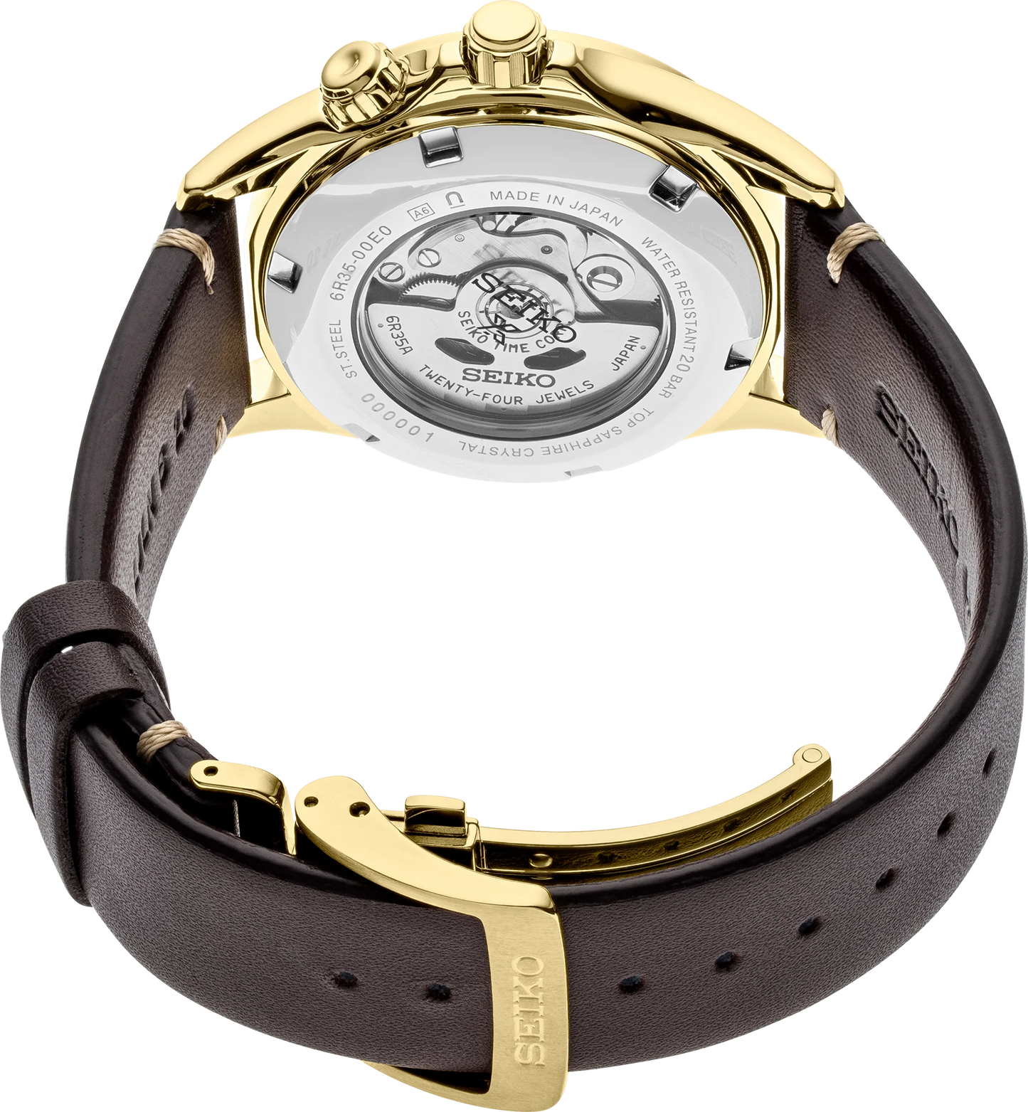 SEIKO PROSPEX SPB210 Alpinist – vintage-inspired green dial with gold accents, inner compass bezel, gold-tone stainless steel case, brown leather strap, automatic movement, and 200m water resistance