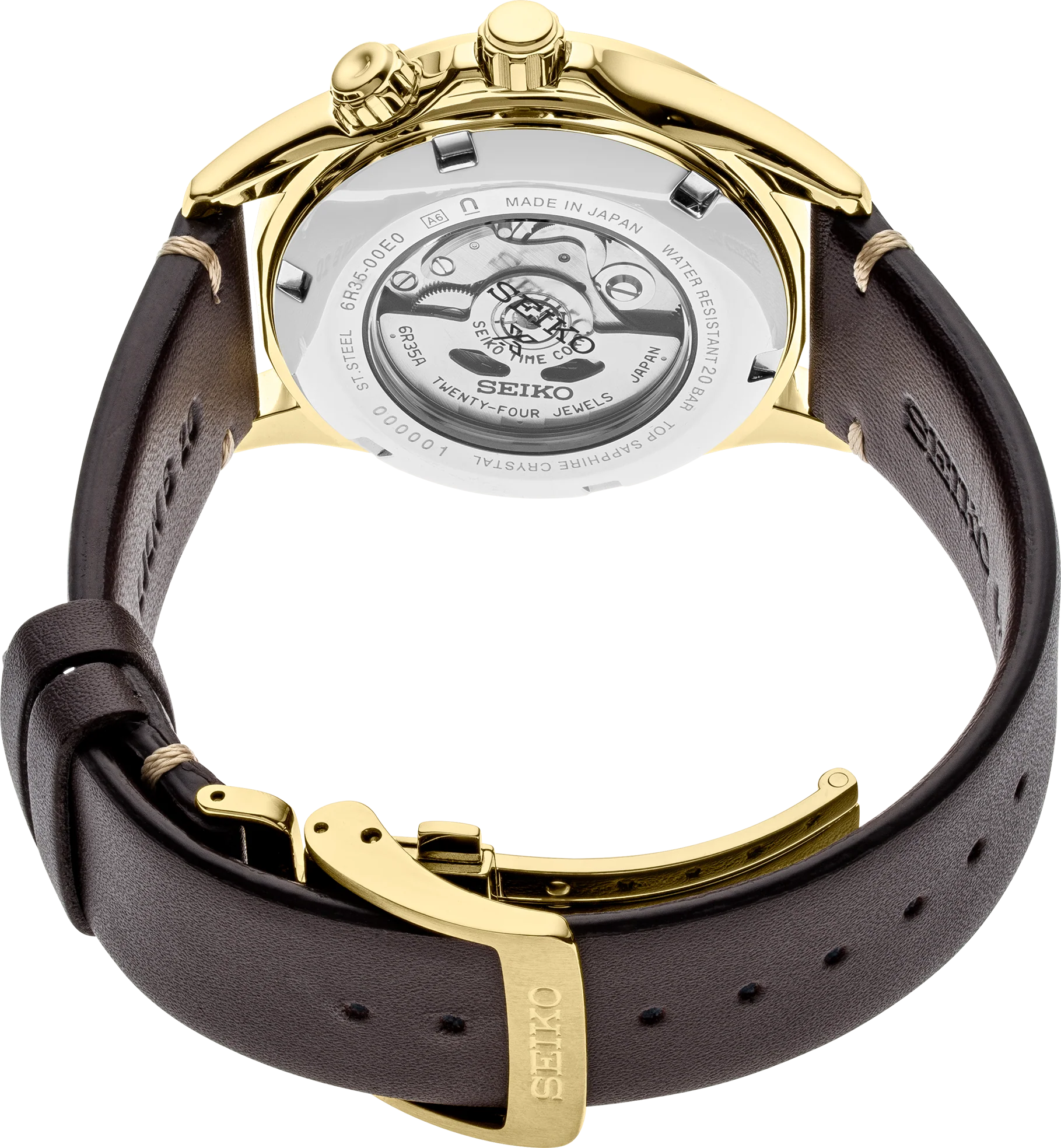 SEIKO PROSPEX SPB210 Alpinist – vintage-inspired green dial with gold accents, inner compass bezel, gold-tone stainless steel case, brown leather strap, automatic movement, and 200m water resistance