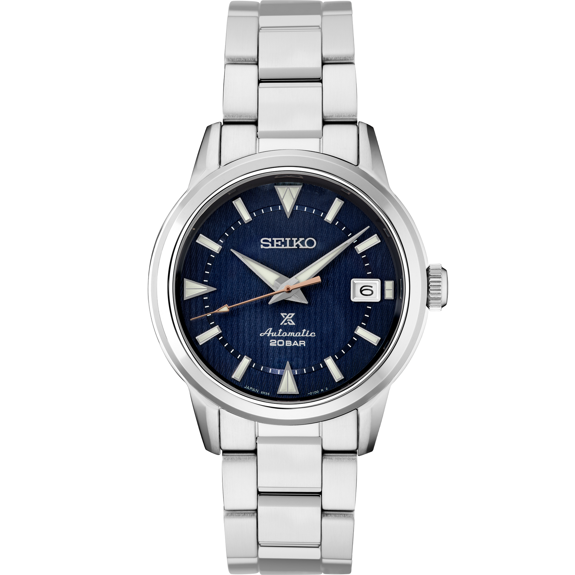 SEIKO Prospex SPB249 Alpinist – blue patterned dial with mountain-shaped markers, stainless steel case and bracelet, curved sapphire crystal, automatic movement, and 200m water resistance.