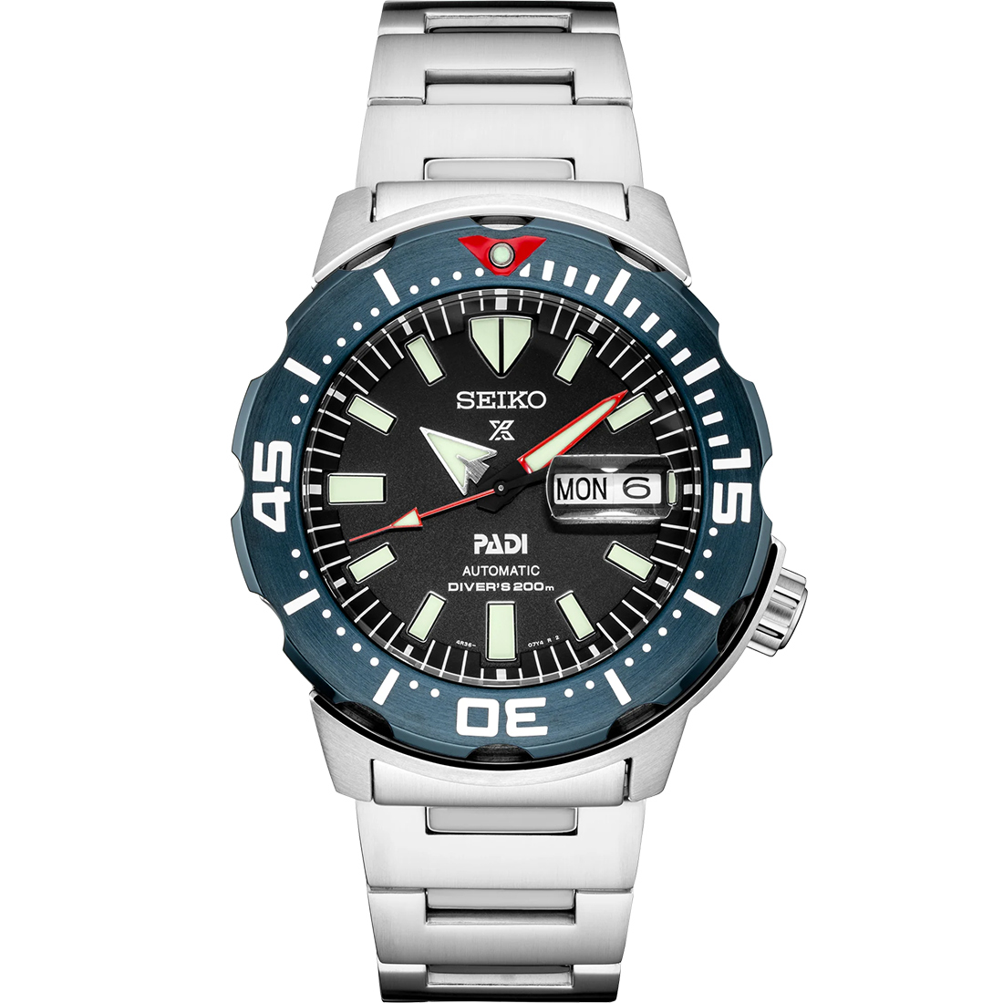 Seiko Prospex SRPE27 PADI Special Edition automatic diver watch with black dial, blue and red bezel, stainless steel case and bracelet, and magnified day-date display.