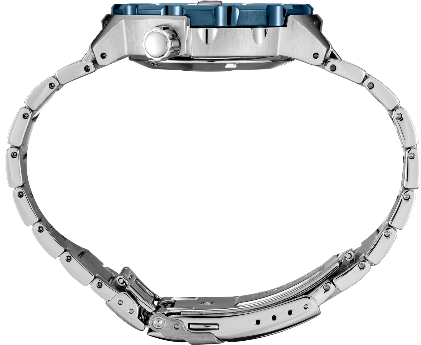 Close-up of a metallic bracelet with a white background
