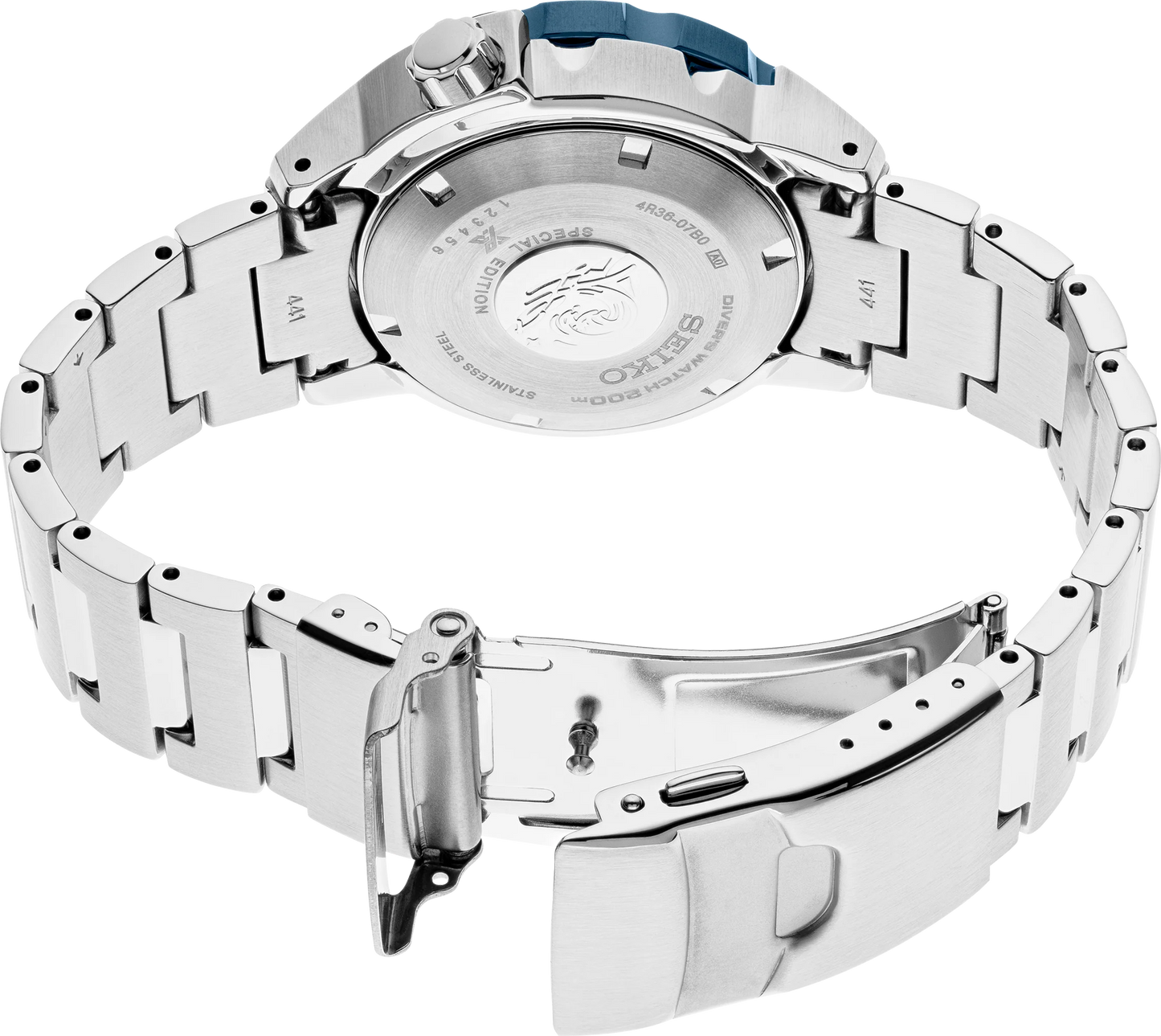 Close-up of a silver watch with a metal band on a white background