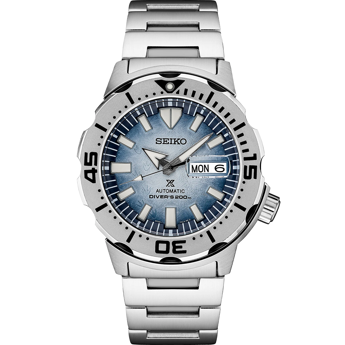 SEIKO Prospex SRPG57 Special Edition automatic diver’s watch with light blue Antarctic-inspired textured dial, stainless steel case and bracelet, rotating dive bezel, magnified day-date display, and 200m water resistance.