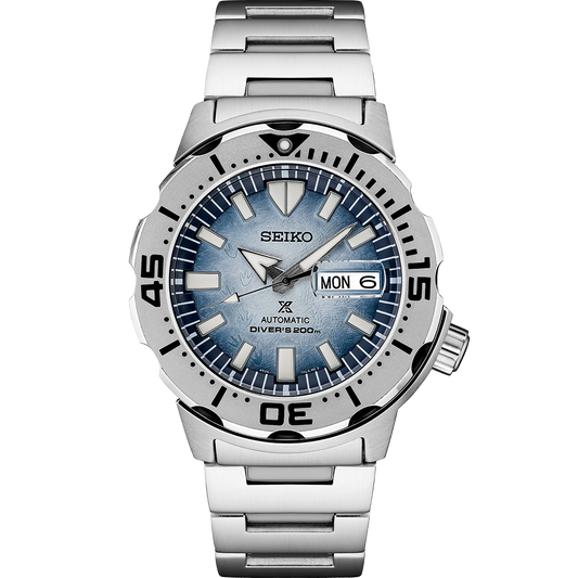 SEIKO Prospex SRPG57 Special Edition automatic diver’s watch with light blue Antarctic-inspired textured dial, stainless steel case and bracelet, rotating dive bezel, magnified day-date display, and 200m water resistance.