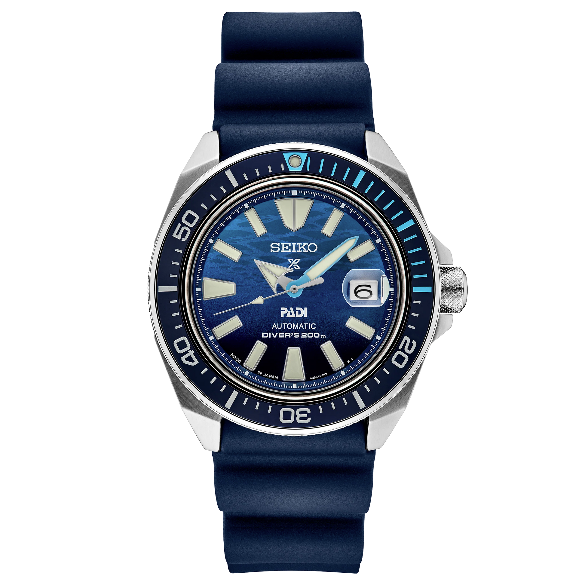Seiko watch with blue strap and blue dial on a white background