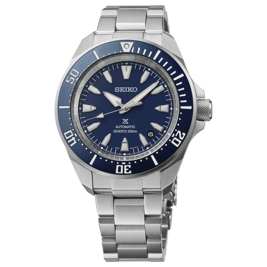SEIKO Prospex SRPL51 Automatic Diver – blue dial and bezel, stainless steel case and bracelet, automatic movement, and ISO-certified 200m water resistance.