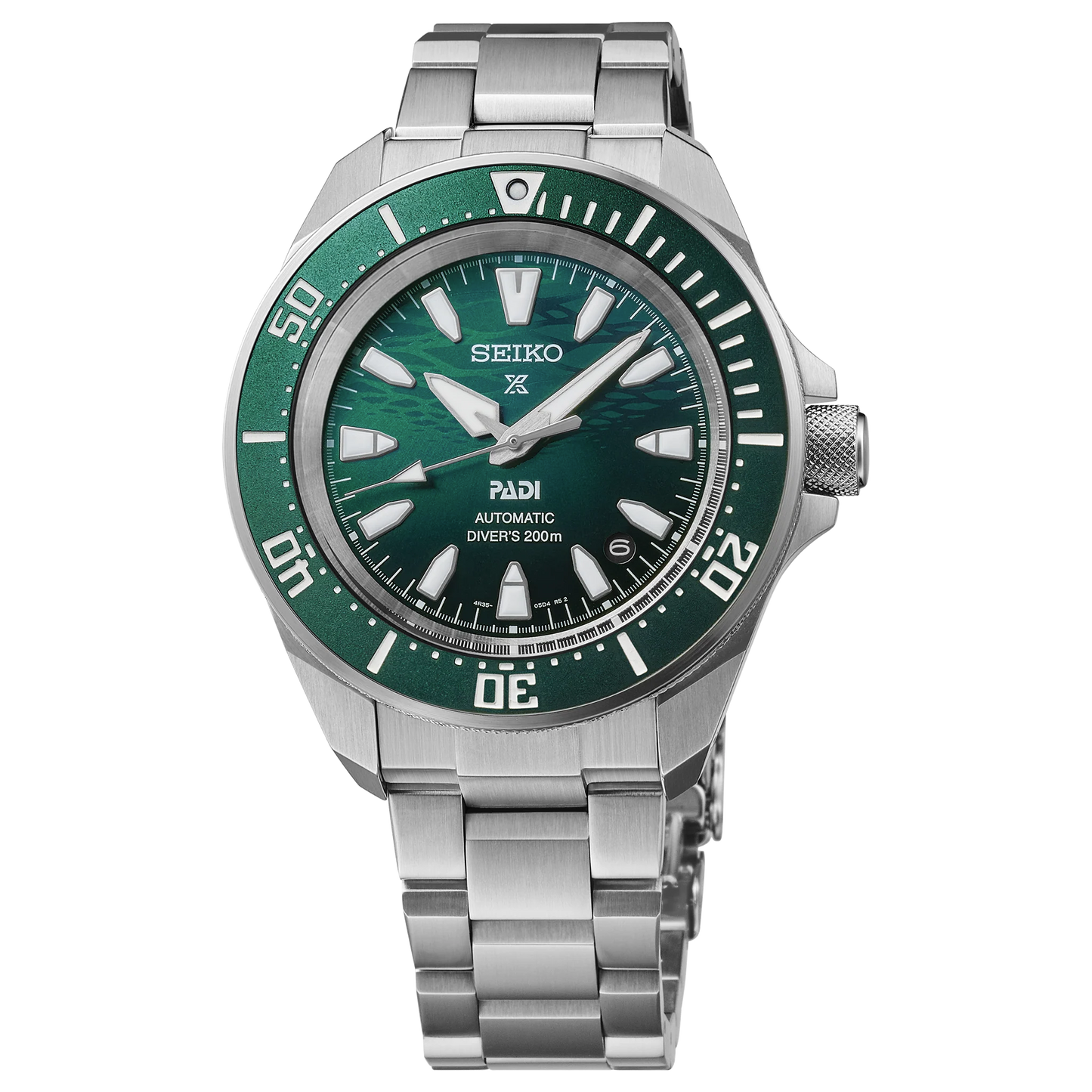 SEIKO Prospex SRPL53 PADI Special Edition – green wave-pattern dial, green rotating bezel, stainless steel bracelet, automatic movement, and ISO-certified 200m water resistance.