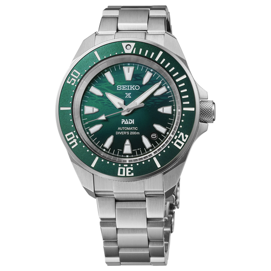 SEIKO Prospex SRPL53 PADI Special Edition – green wave-pattern dial, green rotating bezel, stainless steel bracelet, automatic movement, and ISO-certified 200m water resistance.