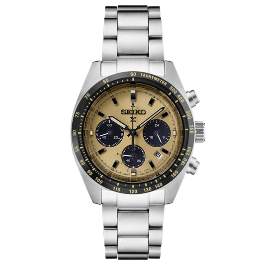 SEIKO Prospex SSC817 Speedtimer Solar Chronograph – yellow sand-blasted dial with black subdials, black tachymeter bezel, stainless steel case and bracelet, solar-powered movement, and 100m water resistance.