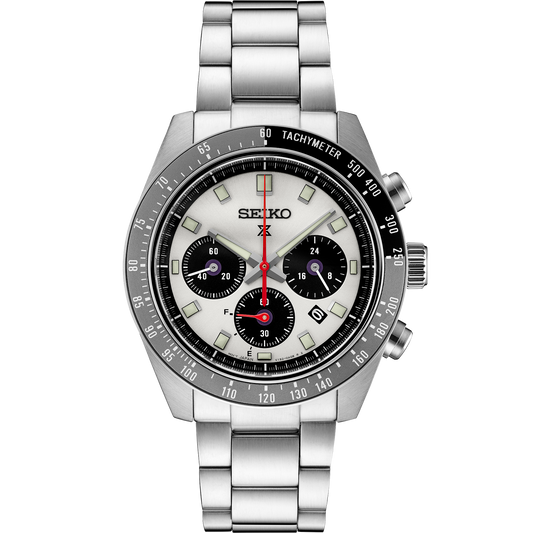 Seiko SSC911 – Prospex Speedtimer Solar Chronograph with silver sunray dial, black subdials, red chronograph hand, and black/gray tachymeter bezel; solar-powered with stainless steel bracelet.