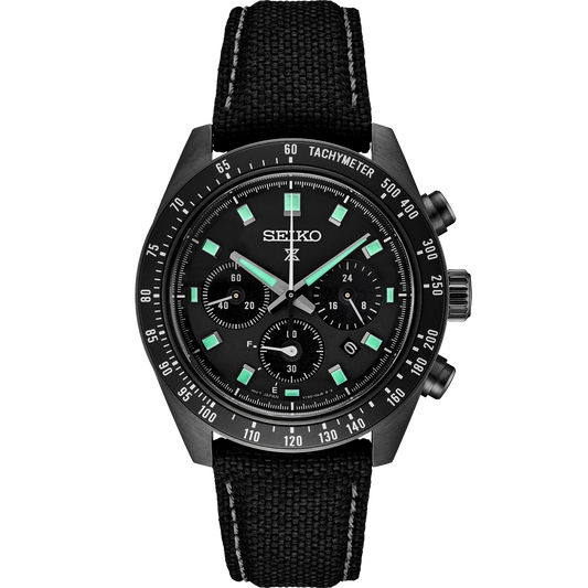 SEIKO SSC923 Prospex Black Series Speedtimer Solar Chronograph – limited edition with gray dial, green LumiBrite, black hard-coated case, solar-powered movement, and 100m water resistance