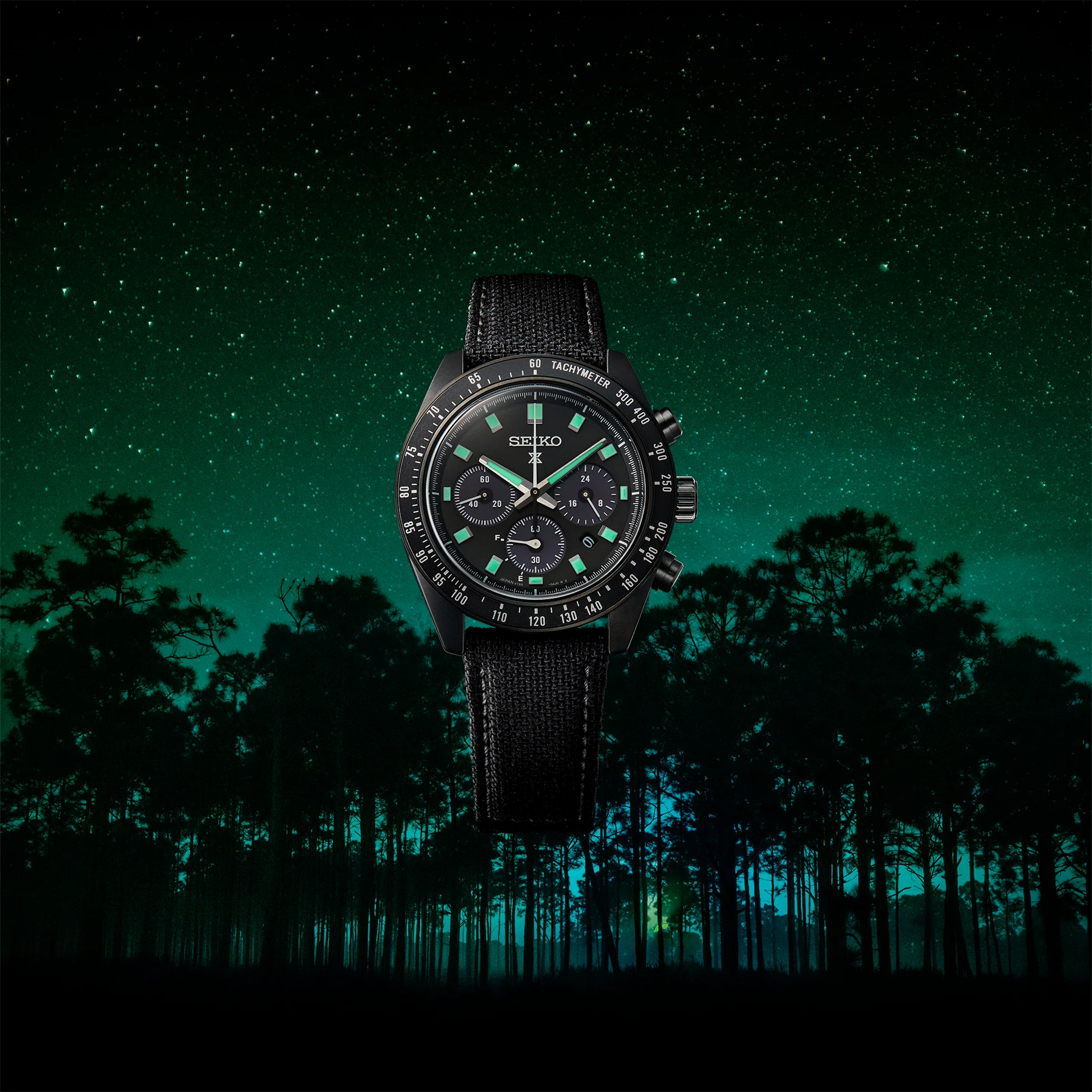 SEIKO SSC923 Prospex Black Series Speedtimer Solar Chronograph – limited edition with gray dial, green LumiBrite, black hard-coated case, solar-powered movement, and 100m water resistance