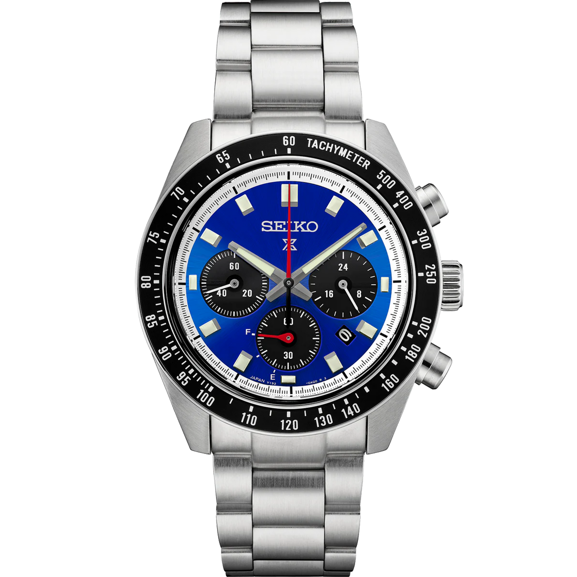 SEIKO Prospex Speedtimer Solar Chronograph U.S. Special Edition – vivid blue dial with black subdials, tachymeter bezel, solar-powered movement, stainless steel case, and 100m water resistance