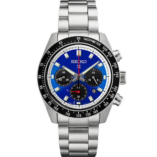 SEIKO Prospex Speedtimer Solar Chronograph U.S. Special Edition – vivid blue dial with black subdials, tachymeter bezel, solar-powered movement, stainless steel case, and 100m water resistance