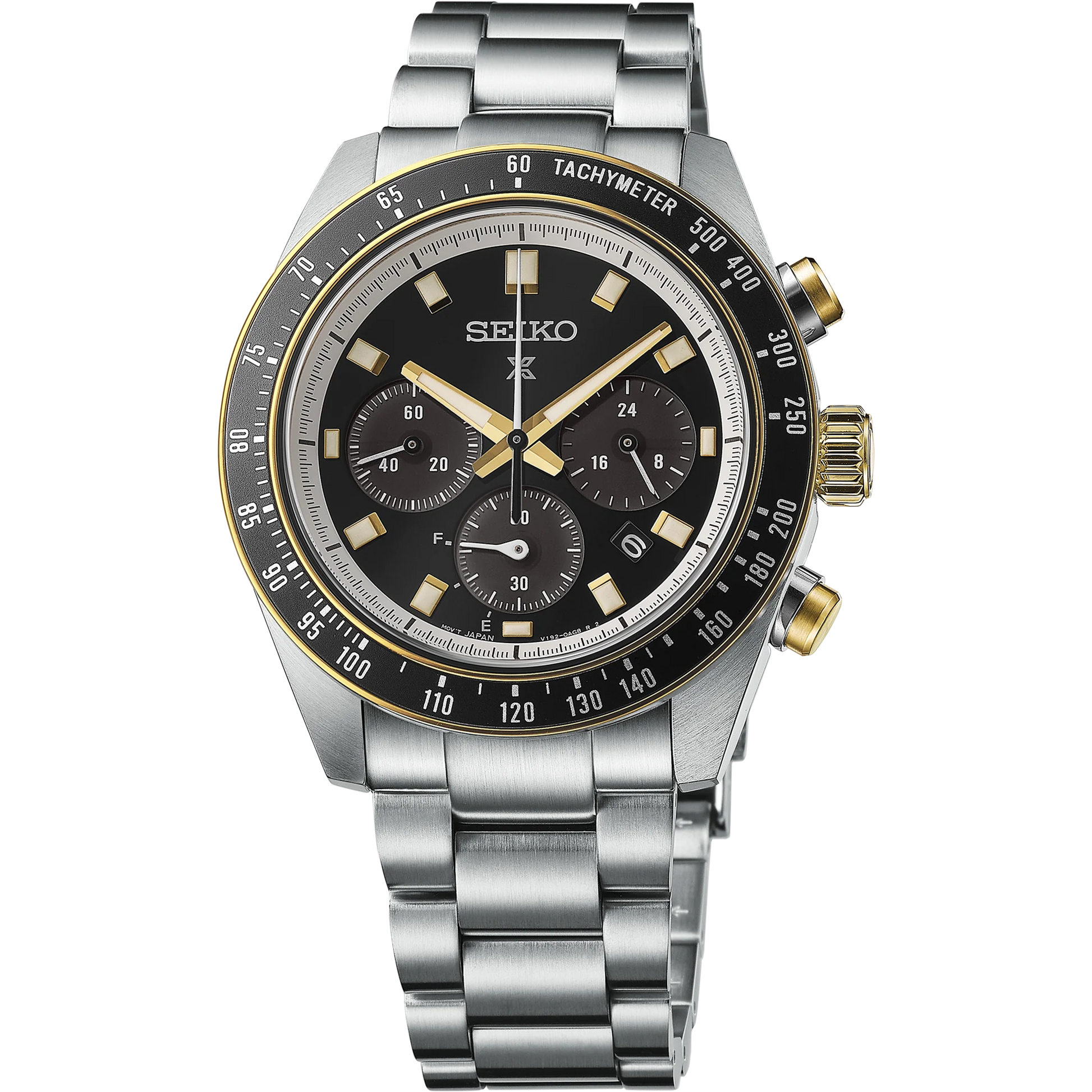 Seiko SSC941 – Prospex Speedtimer Solar Chronograph with black dial, gold accents, black tachymeter bezel, and two-tone stainless steel case; motorsport-inspired solar-powered design with chronograph functions.”