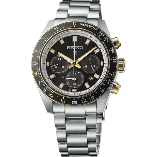 Seiko SSC941 – Prospex Speedtimer Solar Chronograph with black dial, gold accents, black tachymeter bezel, and two-tone stainless steel case; motorsport-inspired solar-powered design with chronograph functions.”