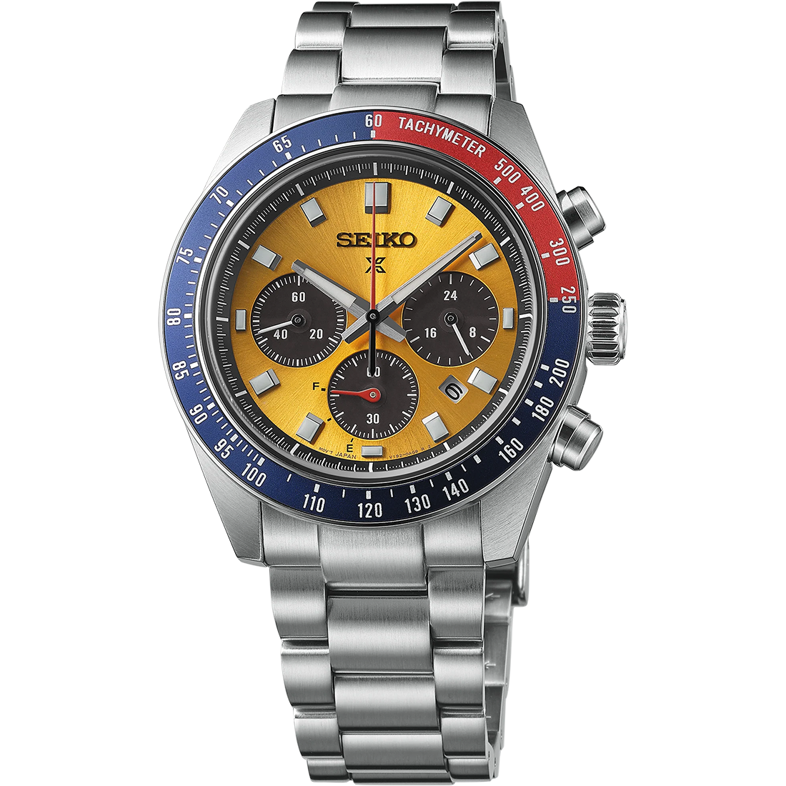 Seiko Prospex Speedtimer SSC947 solar chronograph watch with yellow sunray dial, red and blue tachymeter bezel, stainless steel case and bracelet, inspired by Seiko’s 1969 Speedtimer.”