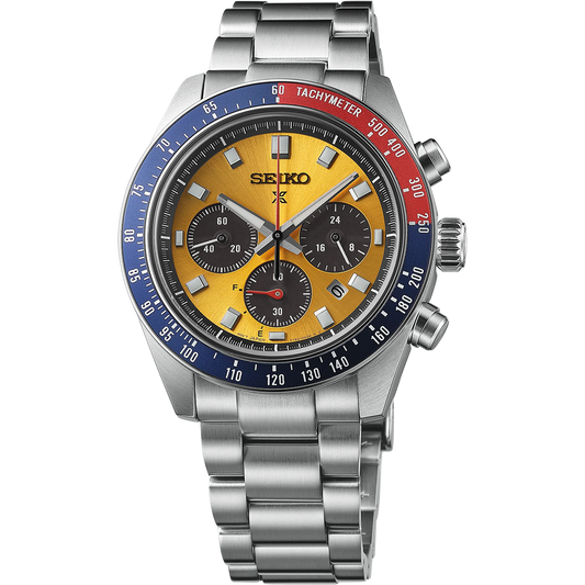 Seiko Prospex Speedtimer SSC947 solar chronograph watch with yellow sunray dial, red and blue tachymeter bezel, stainless steel case and bracelet, inspired by Seiko’s 1969 Speedtimer.”