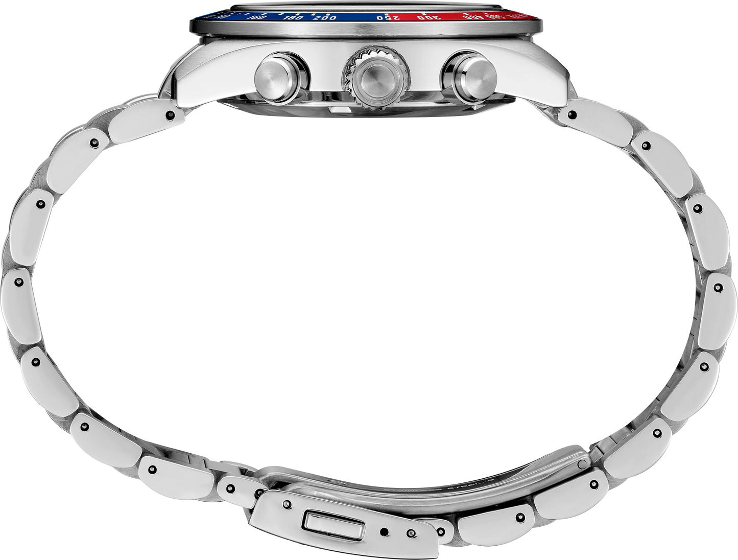Close-up of a silver watch with a white background