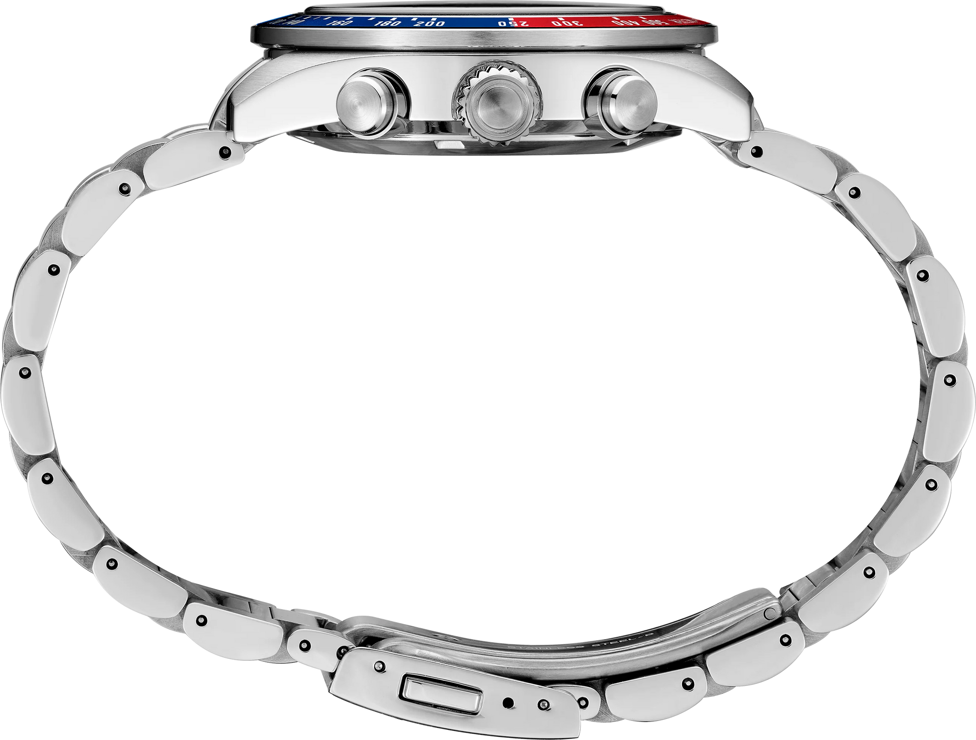 Close-up of a silver watch with a white background