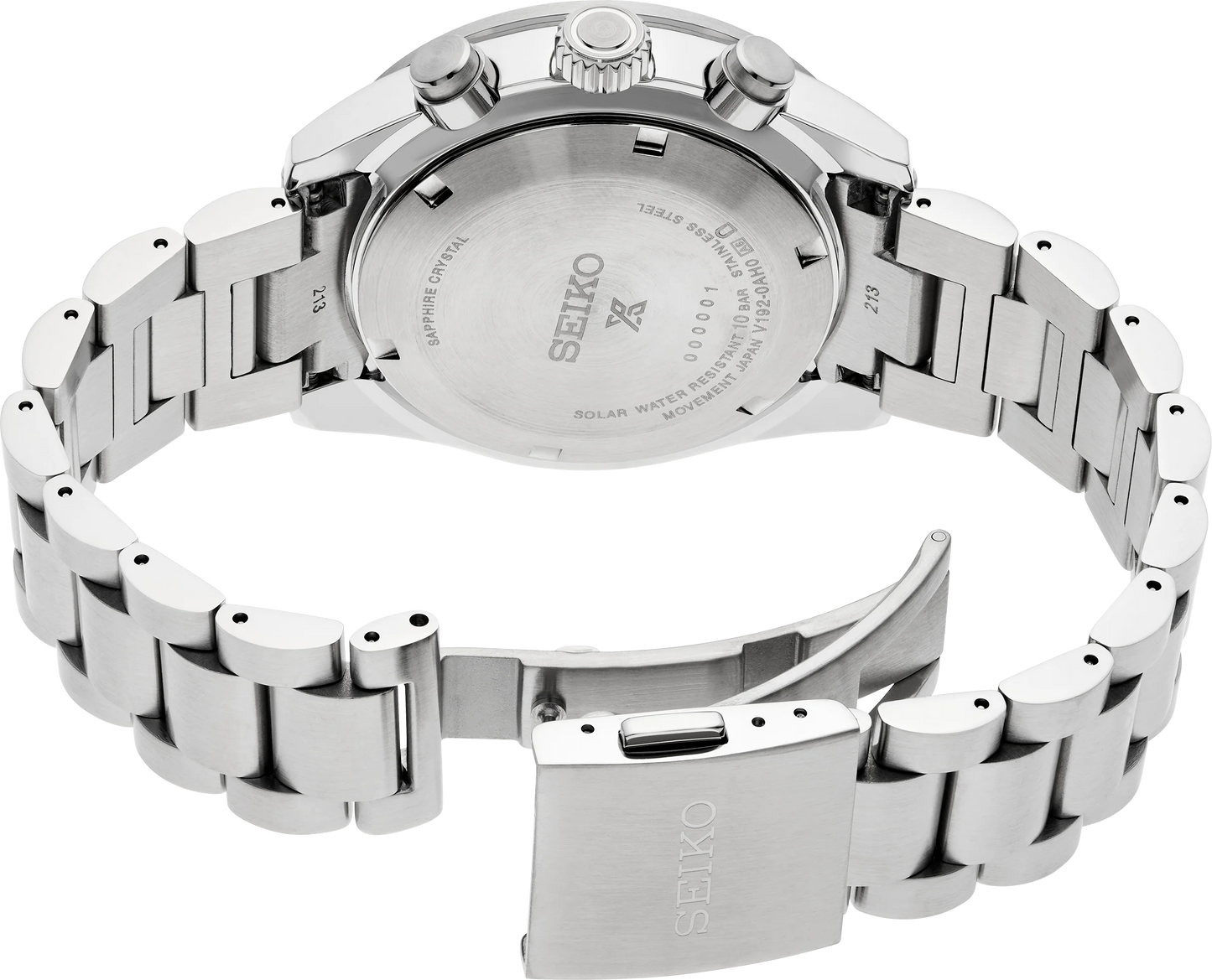 Silver Seiko watch with a detailed back view on a white background