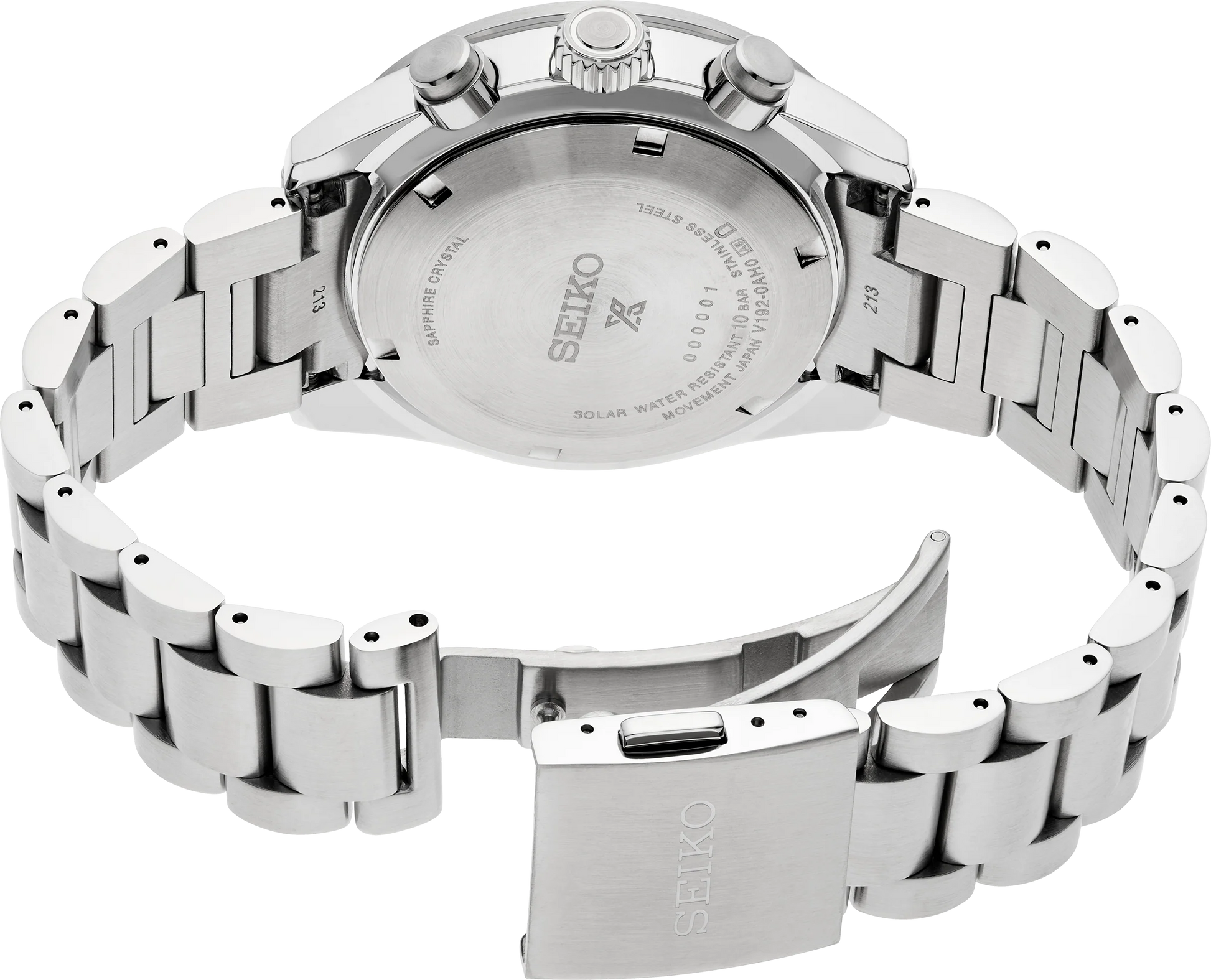 Silver Seiko watch with a detailed back view on a white background