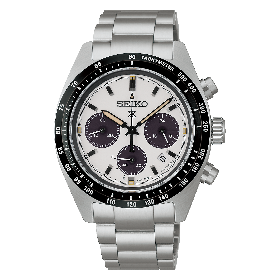 Seiko SSC961 Prospex Speedtimer solar chronograph watch with sandblasted dial, contrasting subdials, tachymeter bezel, stainless steel bracelet, and 39mm case.