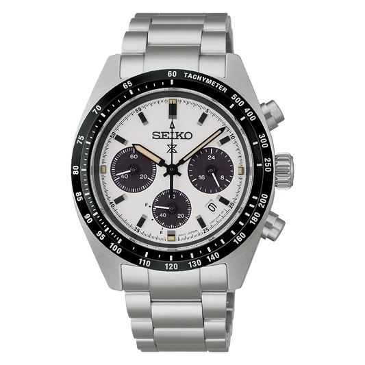 Seiko SSC961 Prospex Speedtimer solar chronograph watch with sandblasted dial, contrasting subdials, tachymeter bezel, stainless steel bracelet, and 39mm case.