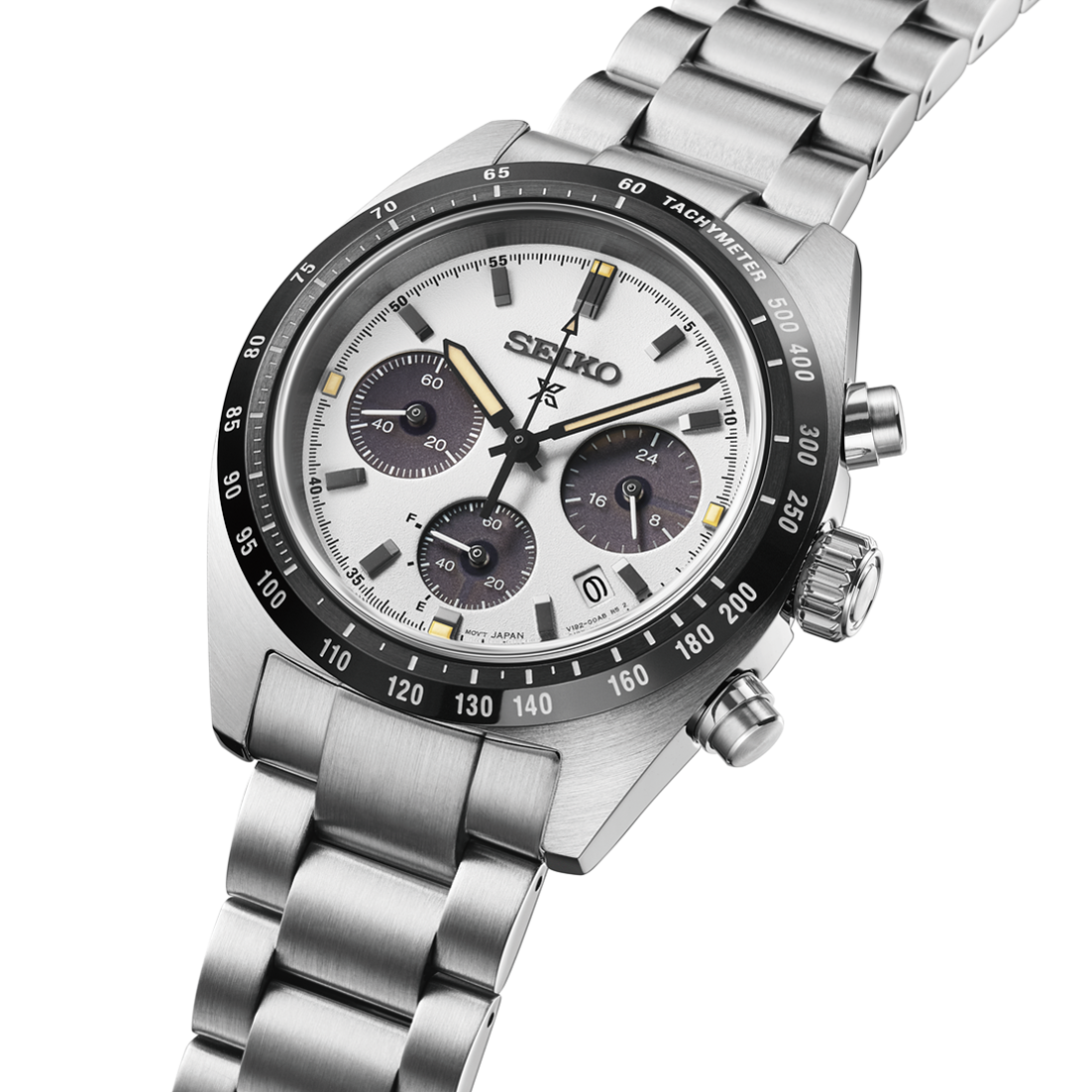 Silver Seiko watch with a detailed face on a white background