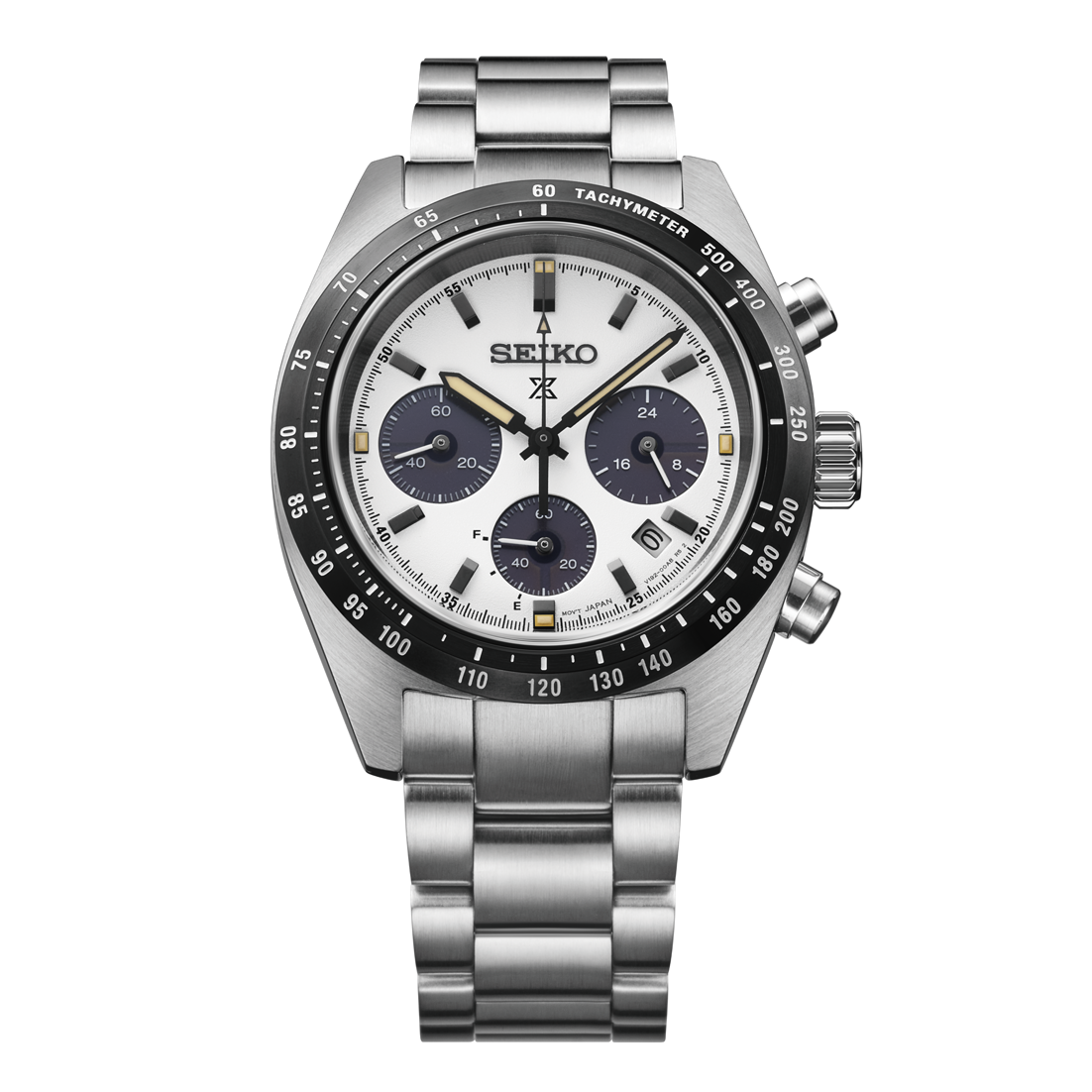 Silver Seiko watch with a white face on a white background