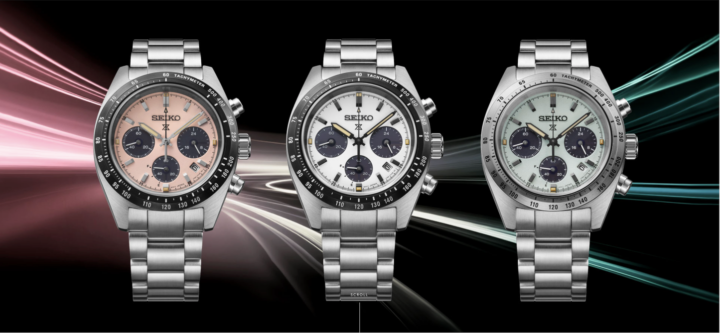 Three Seiko watches displayed against a dynamic background